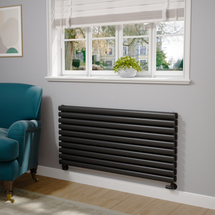Sorrento Linea Midnight Black Oval Designer Radiator 590x1200mm Double Panel 4355 BTU - Horizontal Bars - Image 2