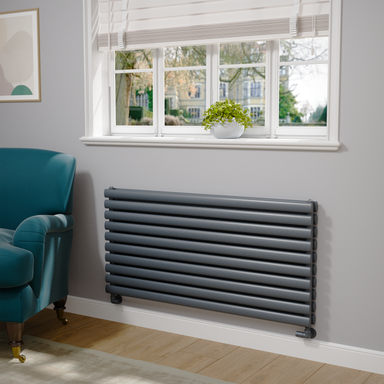 Sorrento Linea Dark Grey Anthracite Oval Designer Radiator 590x1200mm Double Panel 4355 BTU - Horizontal Bars - Image 2