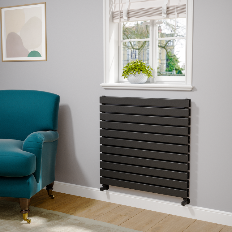 Riace Linea Midnight Black Flat Designer Radiator 770x800mm Double Panel 3720 BTU - Horizontal Bars - Image 2