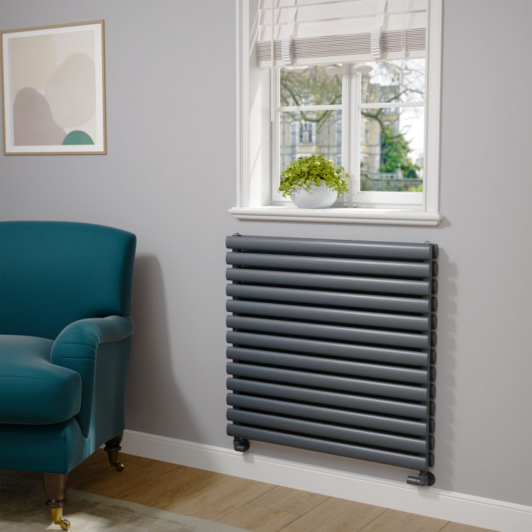 Sorrento Linea Dark Grey Anthracite Oval Designer Radiator 767x800mm Double Panel 3932 BTU - Horizontal Bars - Image 2