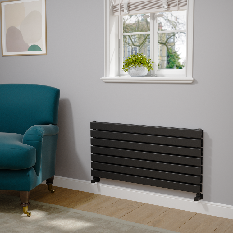 Riace Linea Midnight Black Flat Designer Radiator 490x1000mm Double Panel 2898 BTU - Horizontal Bars - Image 2