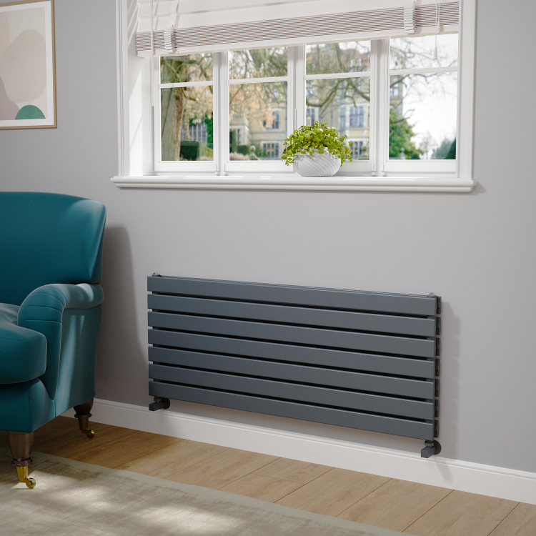 Riace Linea Dark Grey Anthracite Flat Designer Radiator 490x1200mm Double Panel 3410 BTU - Horizontal Bars - Image 2
