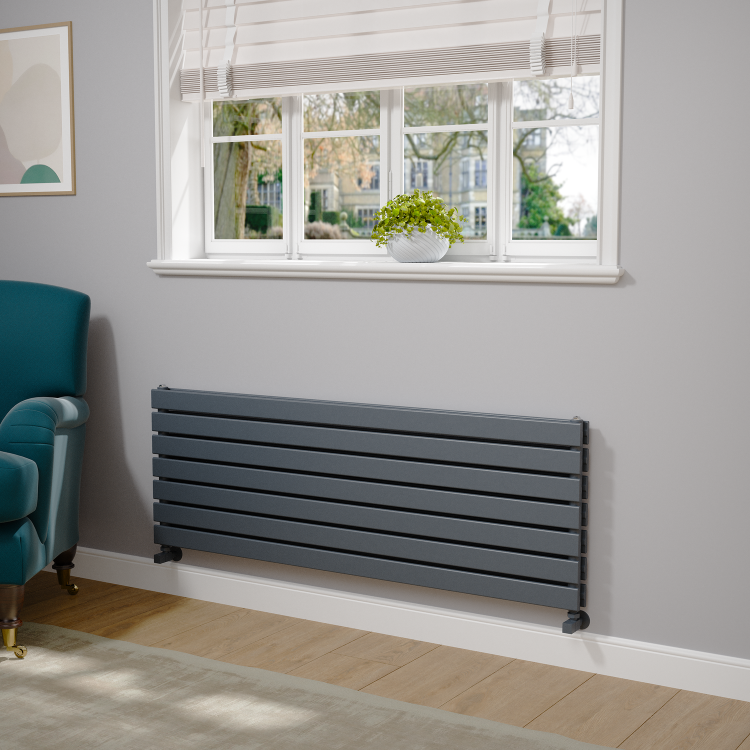 Riace Linea Dark Grey Anthracite Flat Designer Radiator 490x1400mm Double Panel 3908 BTU - Horizontal Bars - Image 2
