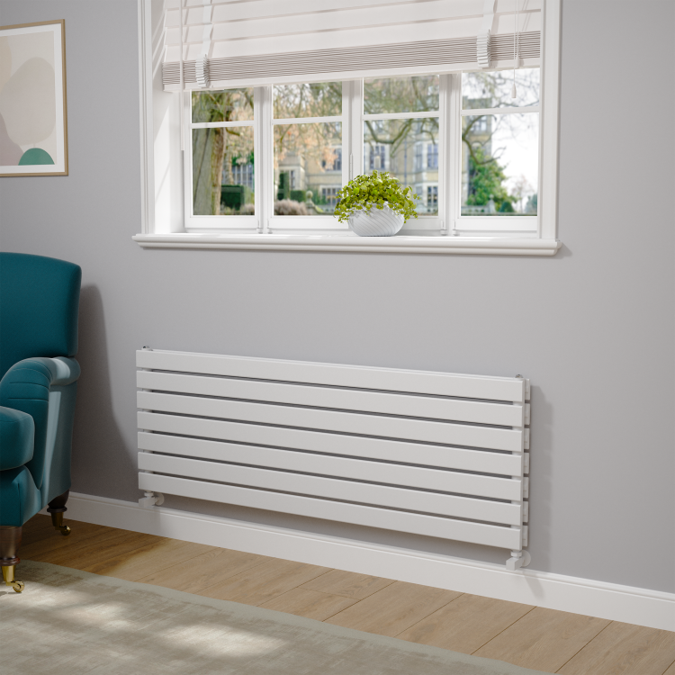 Riace Linea White Flat Designer Radiator 490x1400mm Double Panel 3908 BTU - Horizontal Bars - Image 2