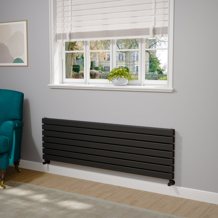 Riace Linea Midnight Black Flat Designer Radiator 490x1600mm Double Panel 4392 BTU - Horizontal Bars - Image 2