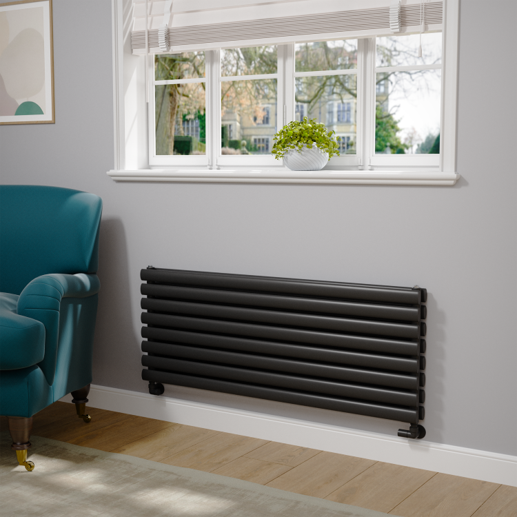 Sorrento Linea Midnight Black Oval Designer Radiator 472x1200mm Double Panel 3485 BTU - Horizontal Bars - Image 2