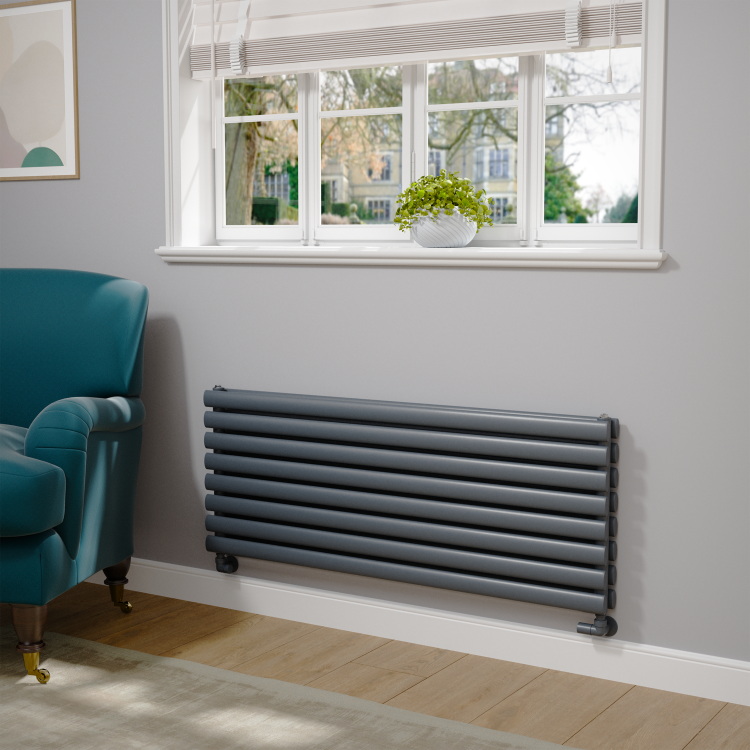 Sorrento Linea Dark Grey Anthracite Oval Designer Radiator 472x1200mm Double Panel 3485 BTU - Horizontal Bars - Image 2