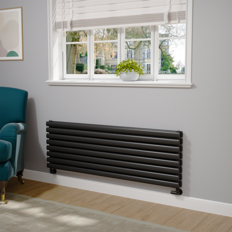 Sorrento Linea Midnight Black Oval Designer Radiator 472x1400mm Double Panel 4010 BTU - Horizontal Bars - Image 2