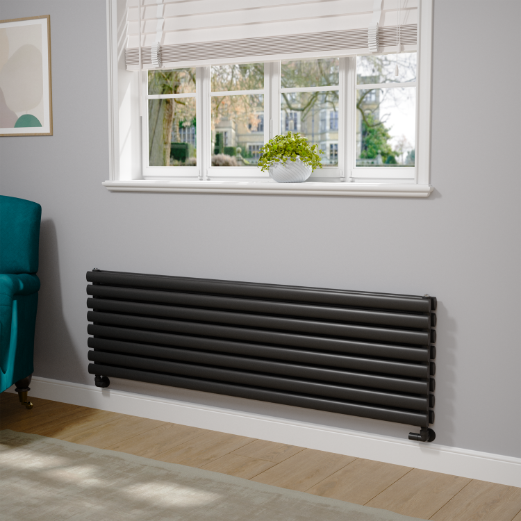 Sorrento Linea Midnight Black Oval Designer Radiator 472x1600mm Double Panel 4539 BTU - Horizontal Bars - Image 2