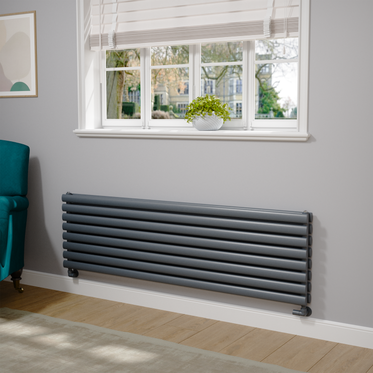 Sorrento Linea Dark Grey Anthracite Oval Designer Radiator 472x1600mm Double Panel 4539 BTU - Horizontal Bars - Image 2