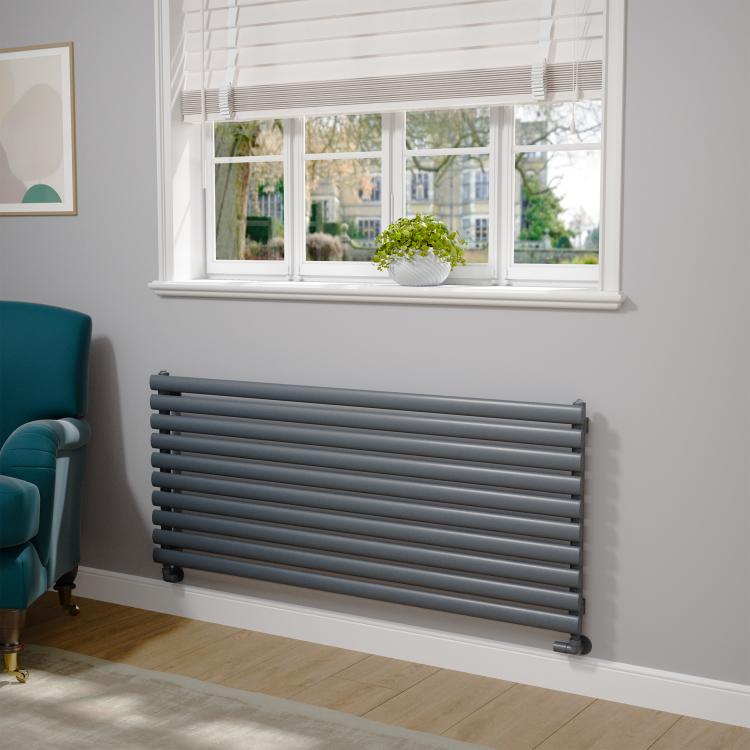 Sorrento Linea Dark Grey Anthracite Oval Designer Radiator 590x1400mm Single Panel 3317 BTU - Horizontal Bars - Image 2