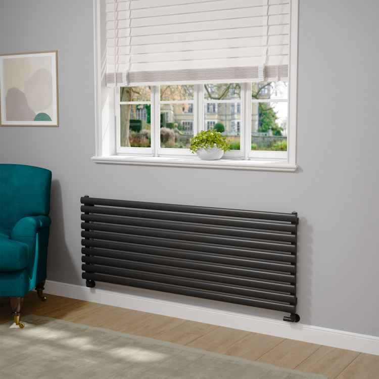 Sorrento Linea Midnight Black Oval Designer Radiator 590x1600mm Single Panel 3782 BTU - Horizontal Bars - Image 2