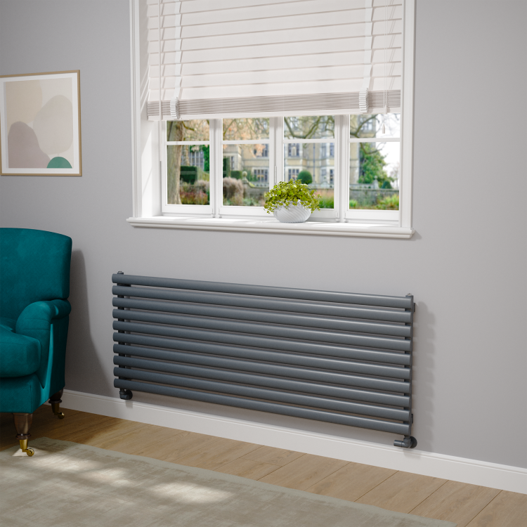 Sorrento Linea Dark Grey Anthracite Oval Designer Radiator 590x1600mm Single Panel 3782 BTU - Horizontal Bars - Image 2