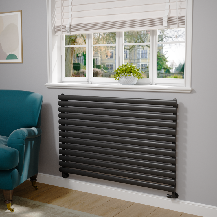 Sorrento Linea Midnight Black Oval Designer Radiator 767x1200mm Single Panel 3724 BTU - Horizontal Bars - Image 2