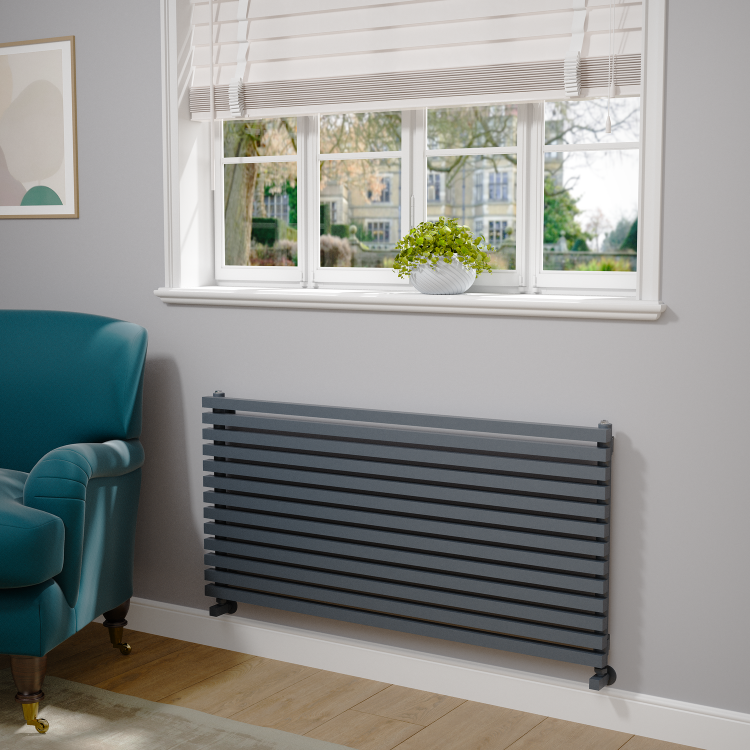 Ravello Linea Dark Grey Anthracite Square Designer Radiator 585x1200mm Single Panel 3287 BTU - Horizontal Bars - Image 2