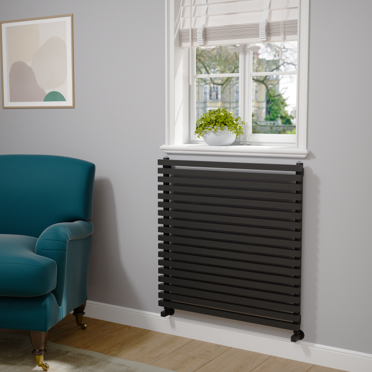 Ravello Linea Midnight Black Square Designer Radiator 810x800mm Single Panel 3150 BTU - Horizontal Bars - Image 2