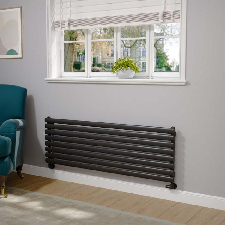 Sorrento Linea Midnight Black Oval Designer Radiator 472x1400mm Single Panel 2655 BTU - Horizontal Bars - Image 2