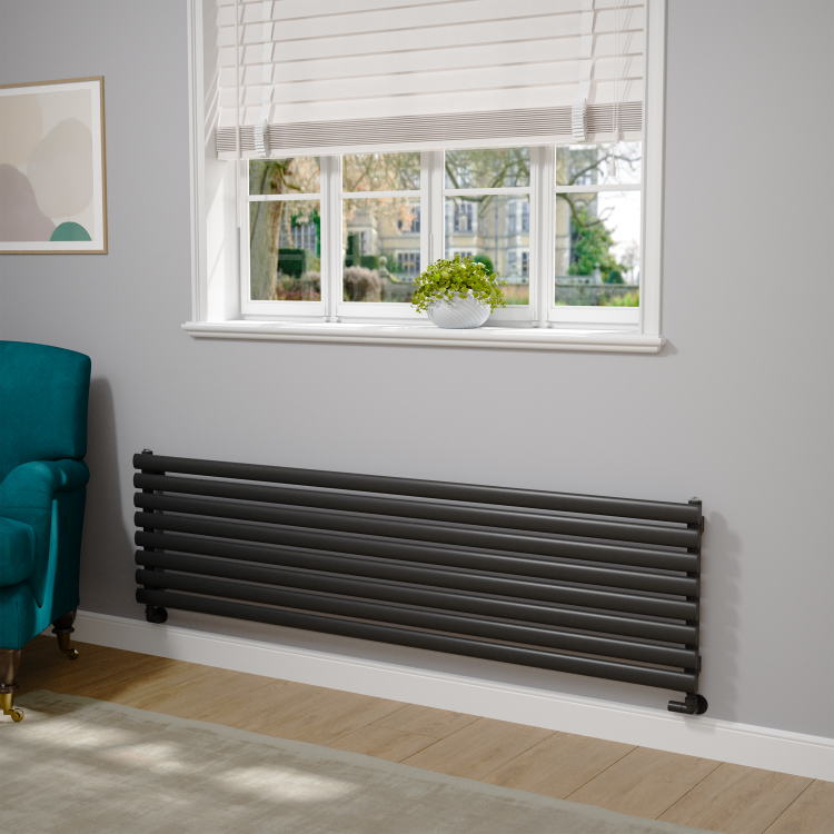 Sorrento Linea Midnight Black Oval Designer Radiator 472x1800mm Single Panel 3403 BTU - Horizontal Bars - Image 2