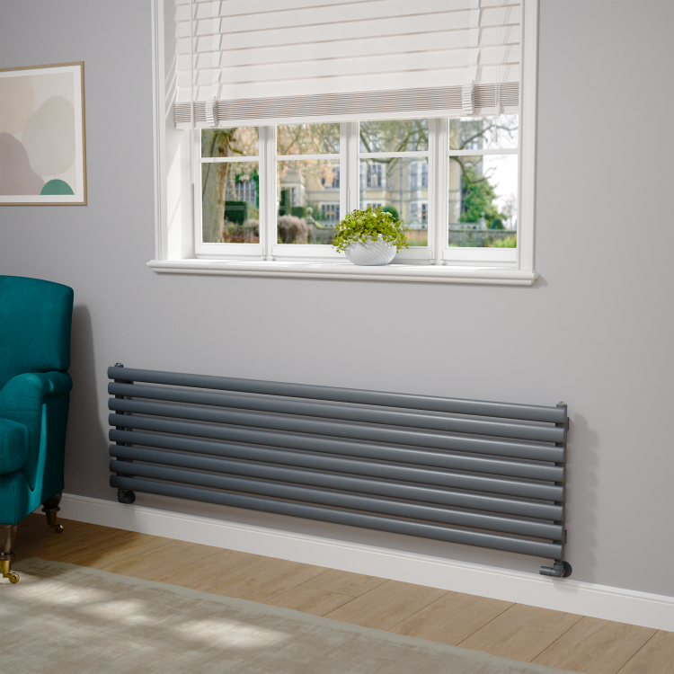Sorrento Linea Dark Grey Anthracite Oval Designer Radiator 472x1800mm Single Panel 3403 BTU - Horizontal Bars - Image 2