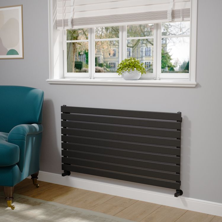 Riace Linea Midnight Black Flat Designer Radiator 630x1200mm Single Panel 2881 BTU - Horizontal Bars - Image 2