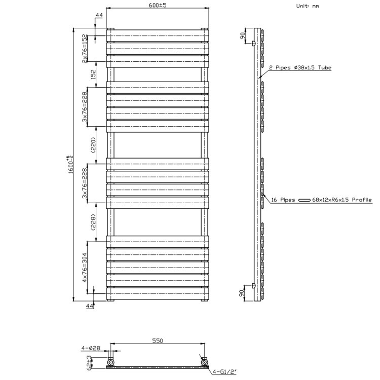 Brass Towel Radiator 1600 x 600mm - Tundra - Image 3