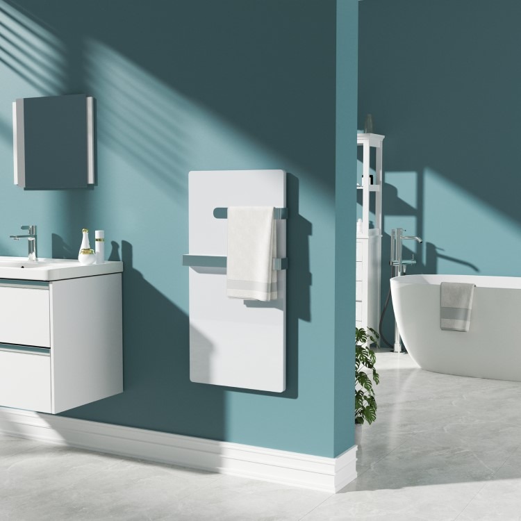 380W Smart Infrared Vertical White Glass Designer Wall Heater 450x900mm with Optional Towel Rail - IP24 Bathroom Safe - Image 4