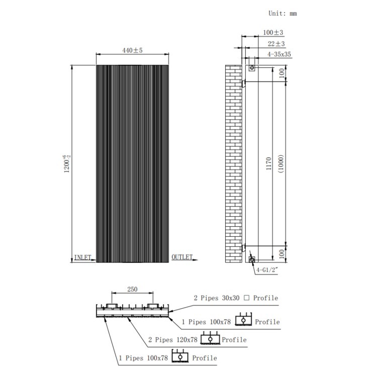 White Designer Vertical Single Panel Radiator 1200 x 440mm - Laguna - Image 4