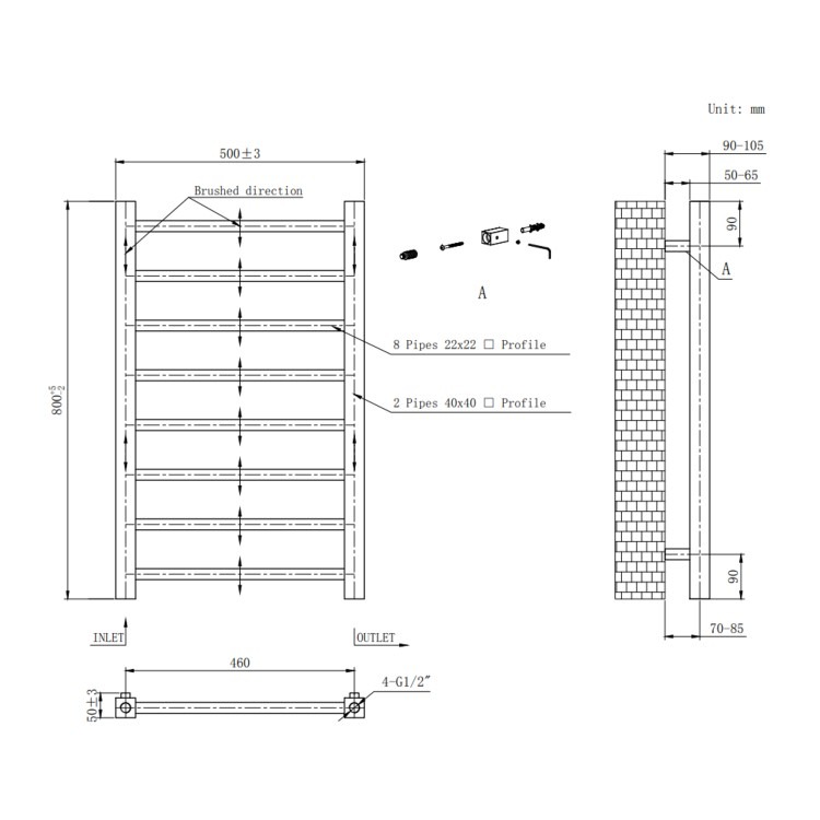 Gunmetal Grey Towel Radiator 800 x 500mm with Pipe Kit and Straight Valves - Sonoran - Image 5