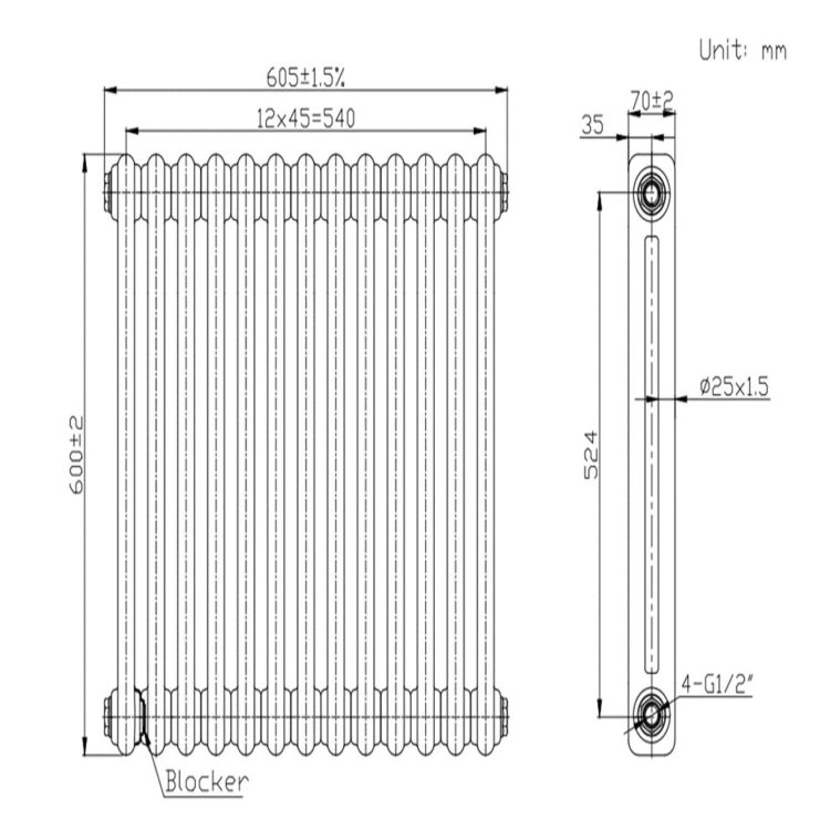 Anthracite Horizontal 2 Column Traditional Radiator 600 x 605mm - Nambi - Image 3