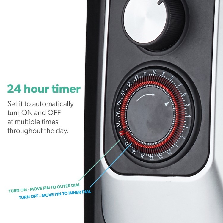 electriQ 2000W Oil Filled Radiator with Thermostat and 24 hr Timer - Black - Image 4