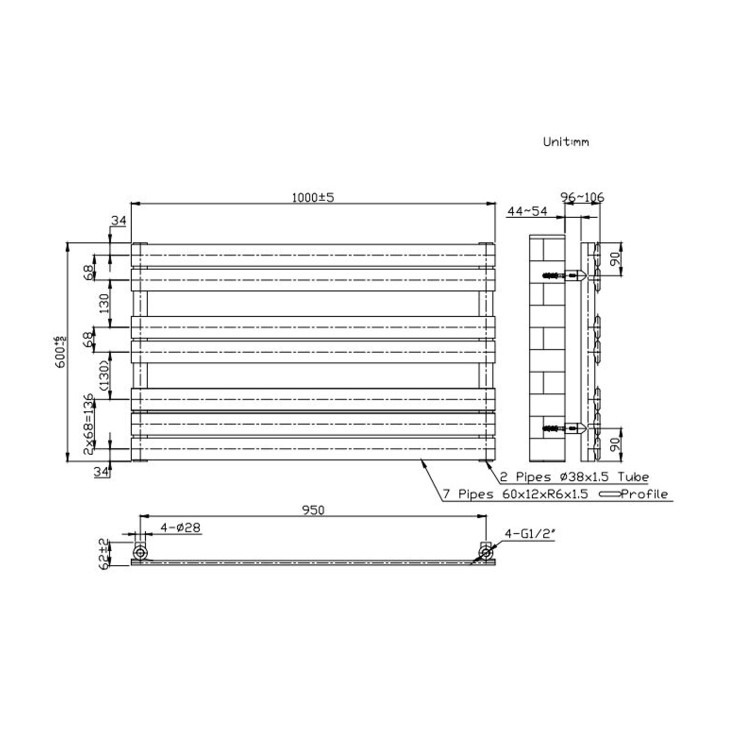 Brass Horizontal Towel Radiator 600 x 1000mm - Tundra - Image 3