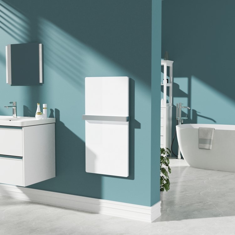 600W Smart Infrared Vertical White Glass Designer Wall Heater 550x1100mm with Optional Towel Rail - IP24 Bathroom Safe - Image 5