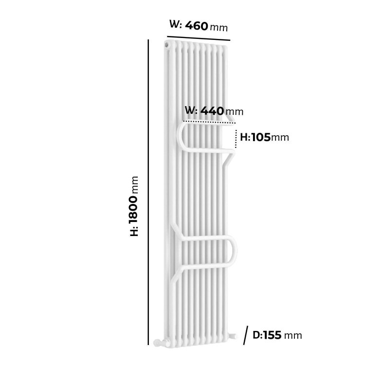 Vertical White Column Radiator with Towel Bars 1800 x 460mm - Nevis - Image 5