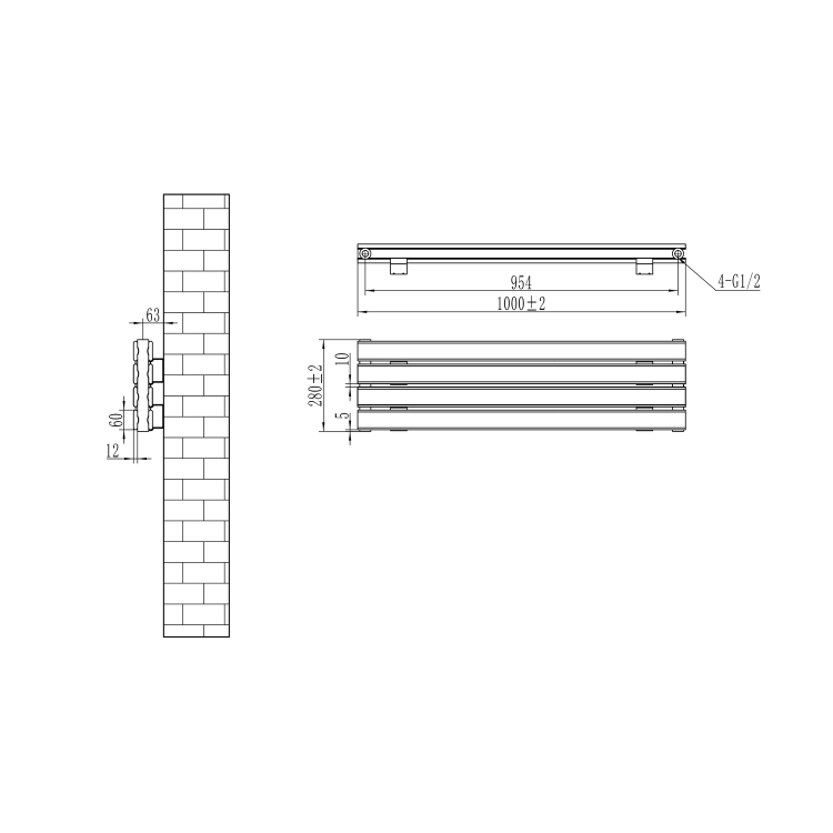 Riace Linea White Flat Designer Radiator 280x1000mm Double Panel 1655 BTU - Horizontal Bars - Image 5