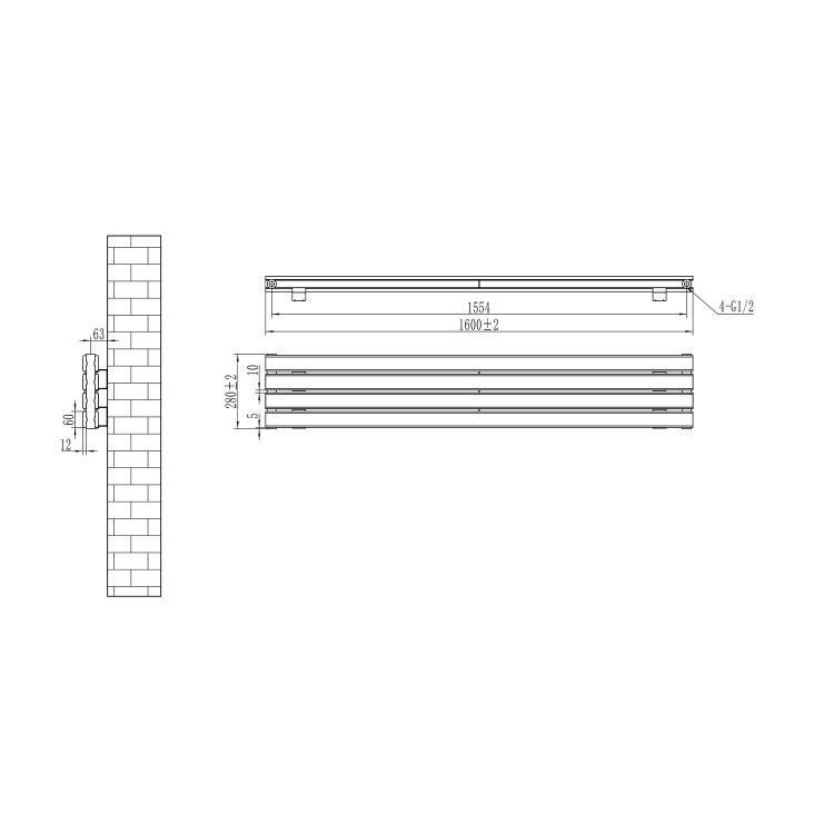 Riace Linea White Flat Designer Radiator 280x1600mm Double Panel 2512 BTU - Horizontal Bars - Image 5