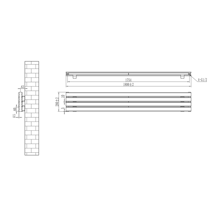 Riace Linea Dark Grey Anthracite Flat Designer Radiator 280x1800mm Double Panel 2778 BTU - Horizontal Bars - Image 5