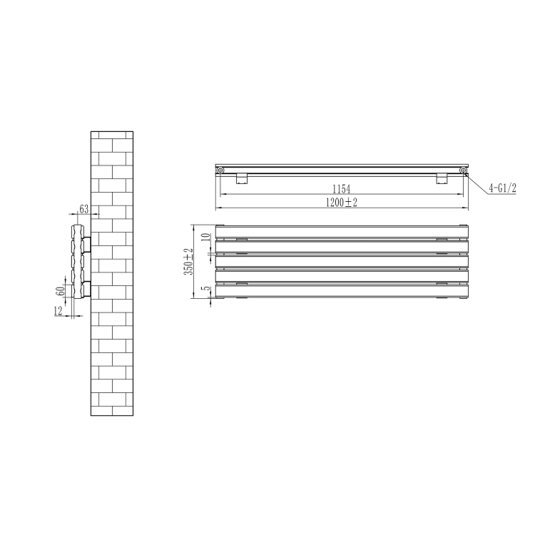 Riace Linea White Flat Designer Radiator 350x1200mm Double Panel 2437 BTU - Horizontal Bars - Image 5