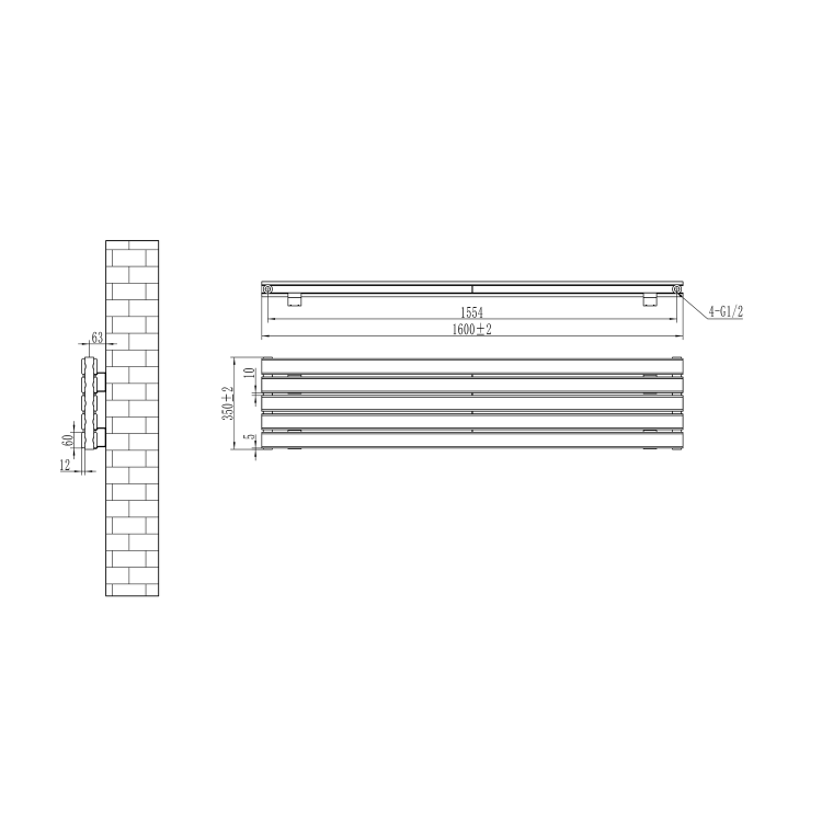 Riace Linea Midnight Black Flat Designer Radiator 350x1600mm Double Panel 3140 BTU - Horizontal Bars - Image 5