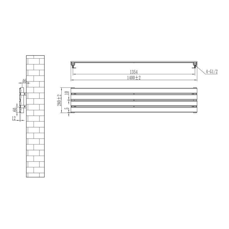 Riace Linea White Flat Designer Radiator 280x1400mm Single Panel 1481 BTU - Horizontal Bars - Image 5