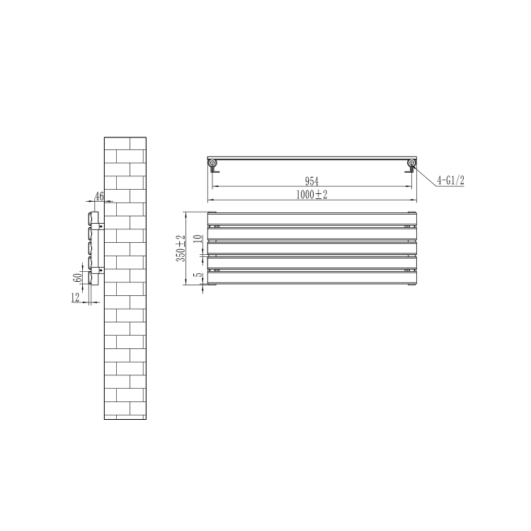 Riace Linea White Flat Designer Radiator 350x1000mm Single Panel 1352 BTU - Horizontal Bars - Image 5