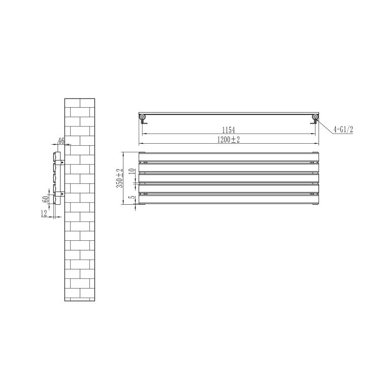 Riace Linea Midnight Black Flat Designer Radiator 350x1200mm Single Panel 1601 BTU - Horizontal Bars - Image 5