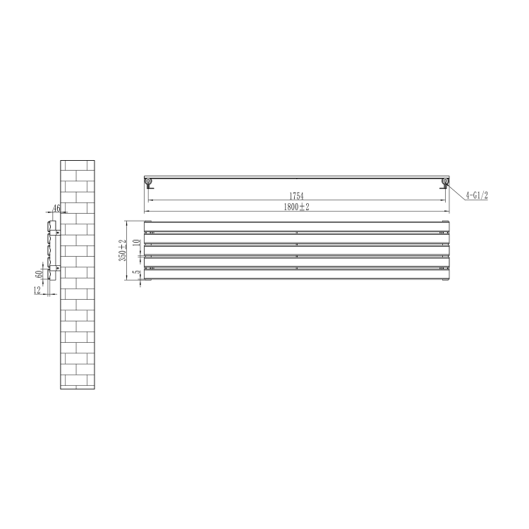 Riace Linea Midnight Black Flat Designer Radiator 350x1800mm Single Panel 2372 BTU - Horizontal Bars - Image 5