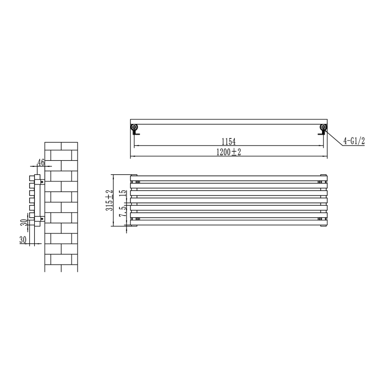 Ravello Linea Midnight Black Square Designer Radiator 315x1200mm Single Panel 1771 BTU - Horizontal Bars - Image 5