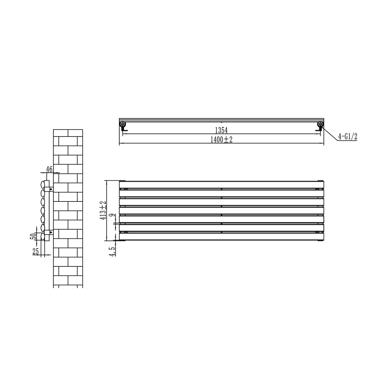 Sorrento Linea Midnight Black Oval Designer Radiator 413x1400mm Single Panel 2321 BTU - Horizontal Bars - Image 5