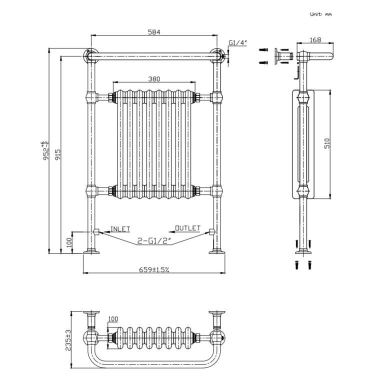 White and Bronze Traditional Column Radiator with Towel Rail 952 x 659mm - Regent - Image 7