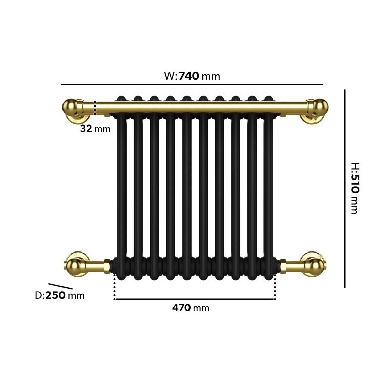 Black and Brass Traditional Column Radiator with Towel Rail 510 x 740mm - Regent - Image 5