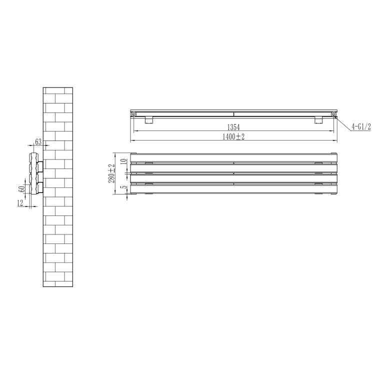 Riace Linea Dark Grey Anthracite Flat Designer Radiator 280x1400mm Double Panel 2235 BTU - Horizontal Bars - Image 5