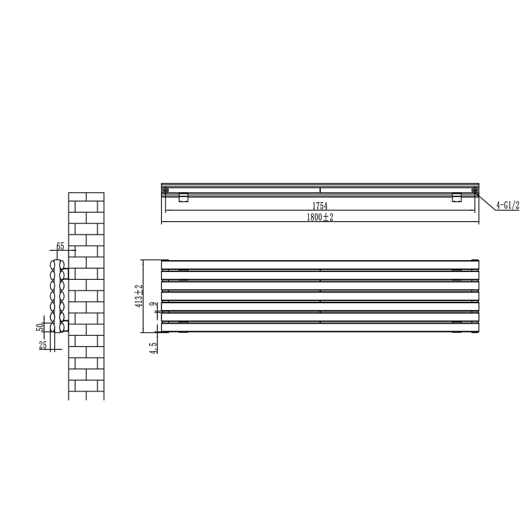 Sorrento Linea Midnight Black Oval Designer Radiator 413x1800mm Double Panel 4437 BTU - Horizontal Bars - Image 5