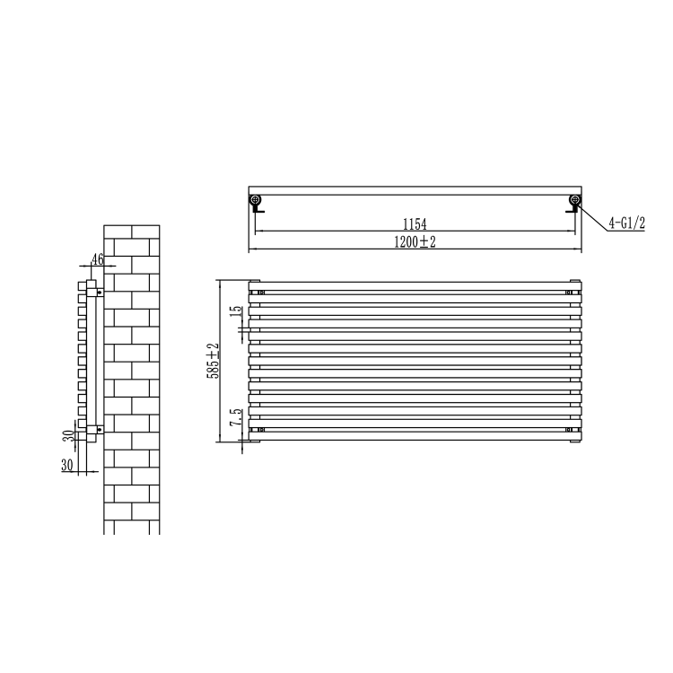 Ravello Linea Midnight Black Square Designer Radiator 585x1200mm Single Panel 3287 BTU - Horizontal Bars - Image 6