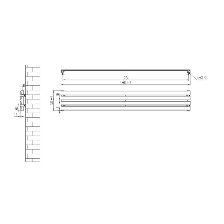 Riace Linea Midnight Black Flat Designer Radiator 280x1800mm Single Panel 1898 BTU - Horizontal Bars - Image 5